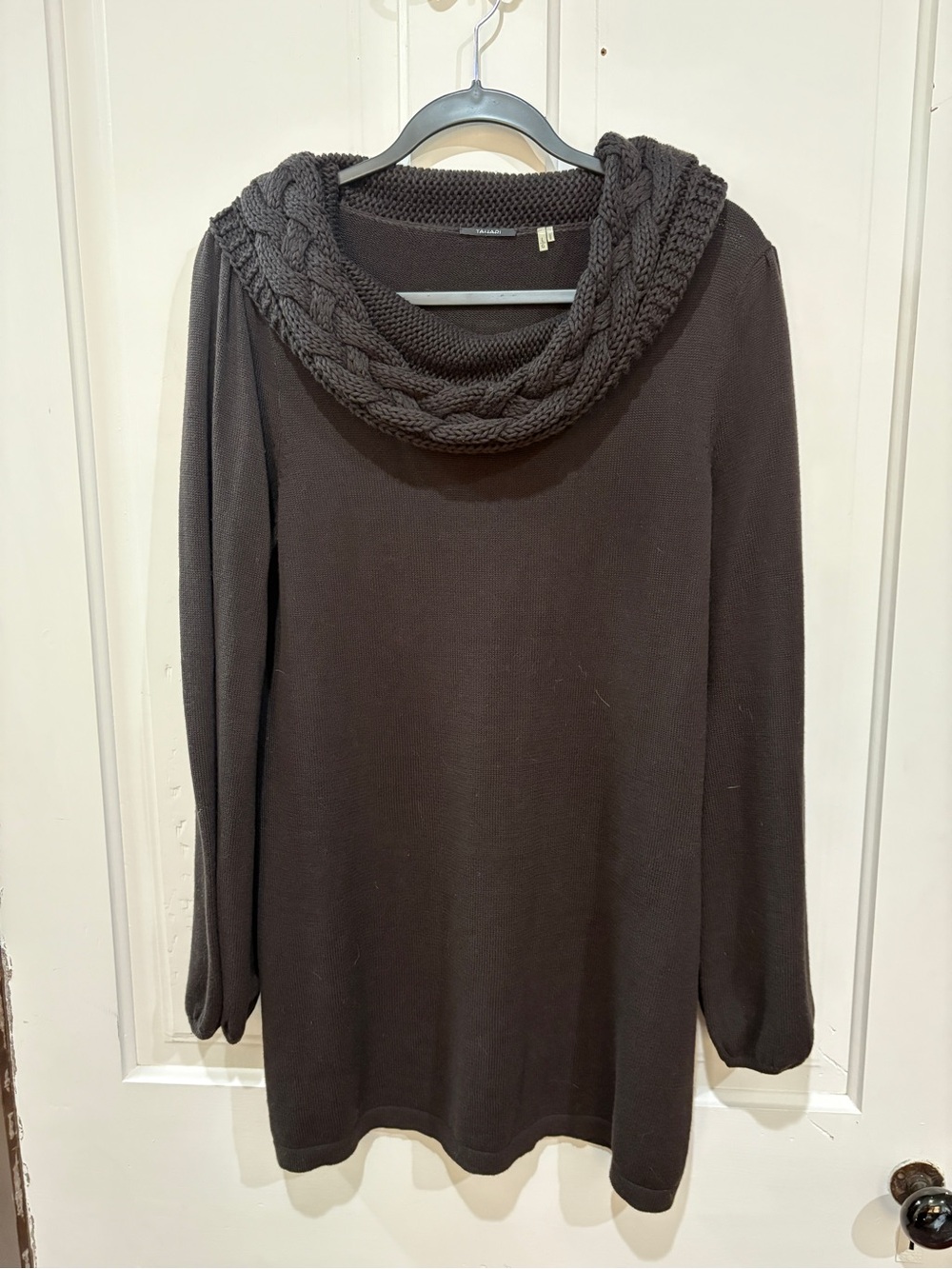 Tahari Brown Cable Trim Cowl Neck Sweater